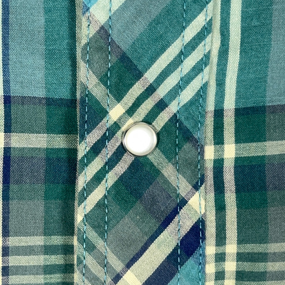 Wrangler Western Shirt Adult LARGE Green Blue Plaid Pearl Snap Outdoor Cowboy - Picture 6 of 10